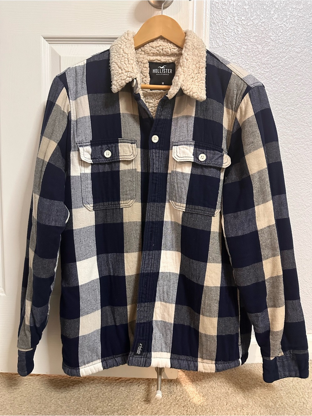 Hollister Navy and Cream Plaid Sherpa-Lined Shirt Jacket